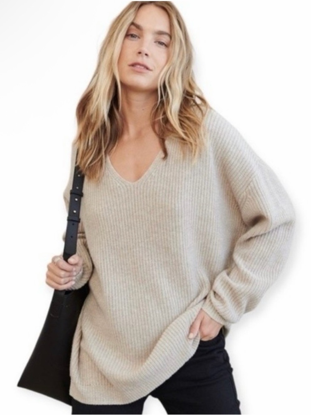 Jenni Kayne Shaker Stitch Cabin V-Neck Wool Cashmere Sweater